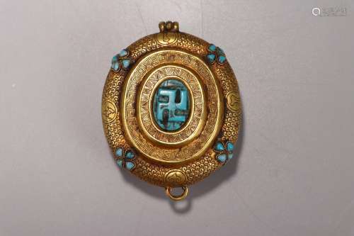 Box: copper and gold inlaid turquoise ointment6.8 cm long, 6...