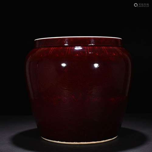 Dark ruby red glaze carved dragon roll cylinder 37 * 34 cm