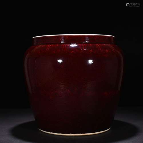 Dark ruby red glaze carved dragon roll cylinder 37 * 34 cm