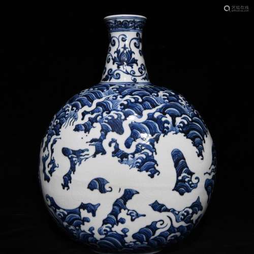 Blue and white sea dragon flat bottles, 45 cm high 33.5 cm i...