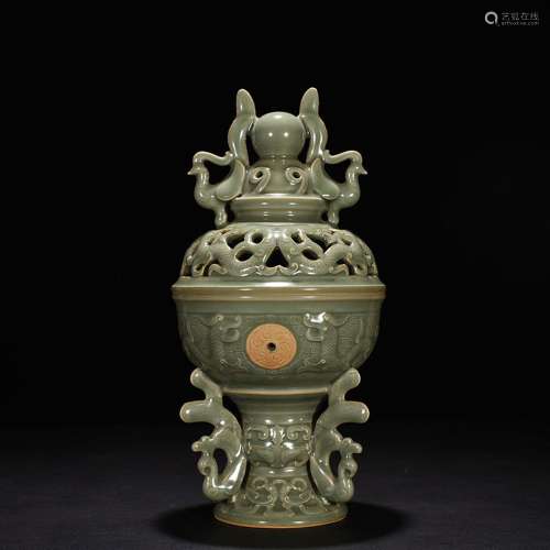 Longquan celadon plum green glaze carving dragon hollow-out ...