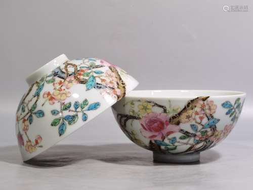 Pastel branch plum flower bowl of a pair of high caliber 12....