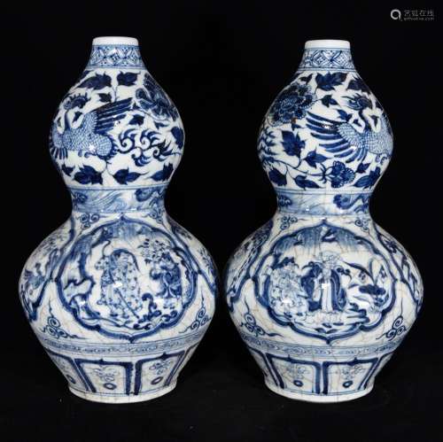 Blue and white piece character story lines gourd bottle, 38 ...