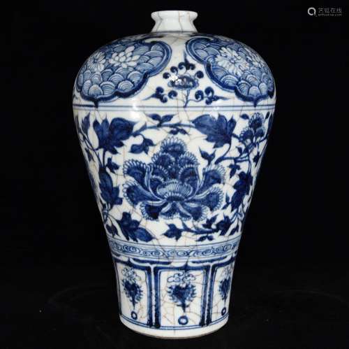 Blue and white open flower grain mei bottles around branches...