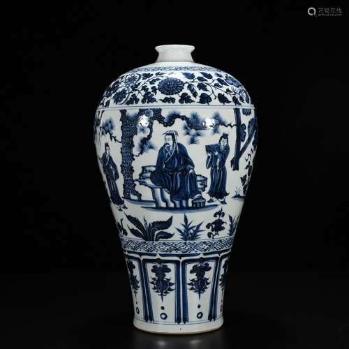 Blue and white story lines of three characters mei bottles o...
