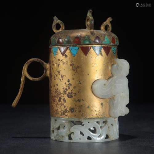 Copper and gold inlaid old jade potSpecification: high gener...