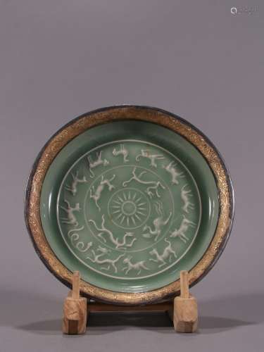 Longquan celadon zodiac, four great god beast grain silverin...