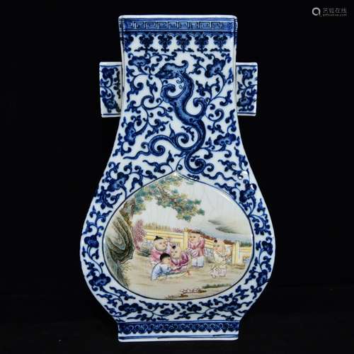 Blue and white enamel YingXiWen penetration ear square bottl...