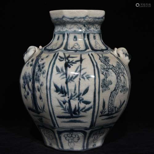 Blue and white shochiku MeiWen tiger bottleSize 22.5 x19.5