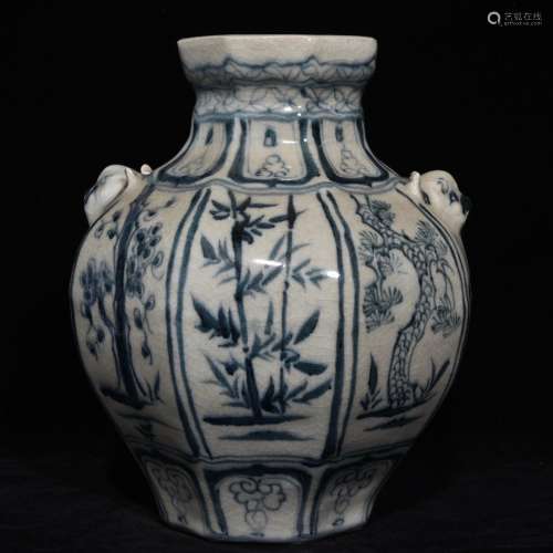 Blue and white shochiku MeiWen tiger bottleSize 22.5 x19.5