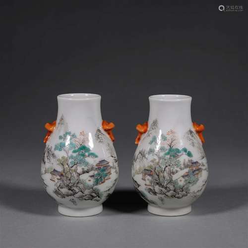 A pair of ink colored landscape porcelain double-eared vases