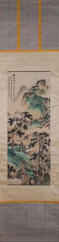 A Chinese landscape silk scroll, Wu Hufan mark