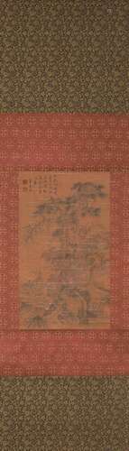 A Chinese landscape silk scroll, Dong Qichang mark