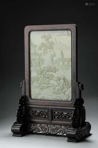 A rosewood jade-inlaid figure screen