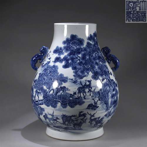 A blue and white squirrel and deer porcelain double-eared zu...