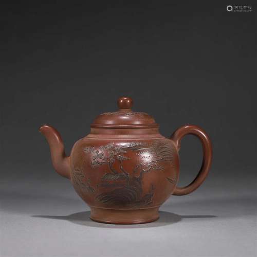 A landscape painted Yixing clay teapot