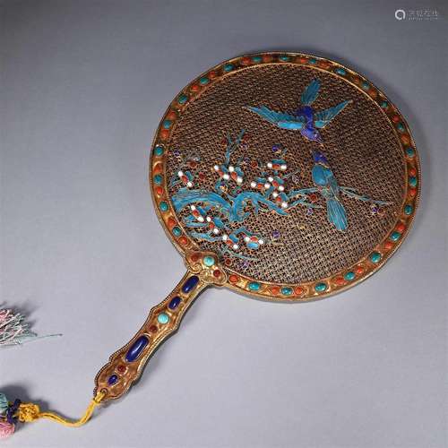 A gilding silver tian-tsui magpie and plum blossom fan