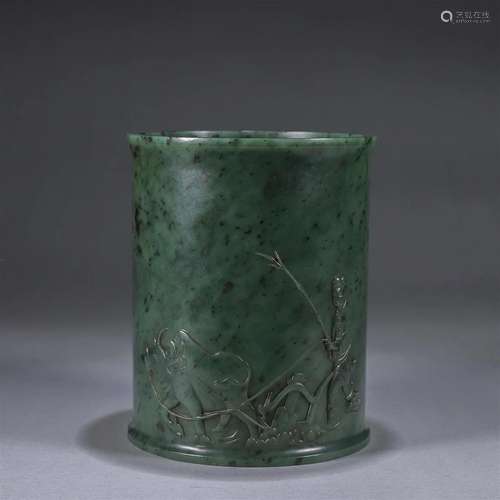 A cattle herding patterned jasper brush pot