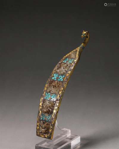 A copper with gold turquoise-inlaid dragon hook