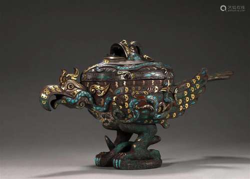 A copper with gold turquoise-inlaid phoenix bird zun