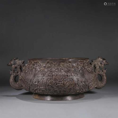 A flower patterned copper censer with phoenix bird shaped ea...