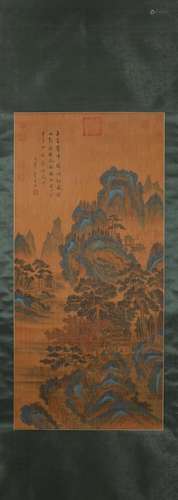 A Chinese landscape silk scroll, Dong Qichang mark