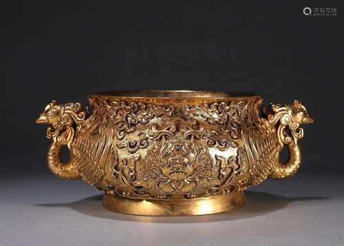 A flower patterned gilding copper censer with phoenix shaped...