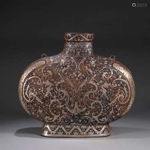 A phoenix bird patterned gold and silver-inlaid bronze flask