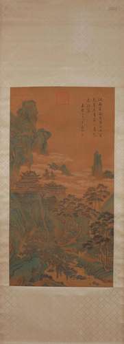 A Chinese landscape silk scroll, Weng Zhengming mark