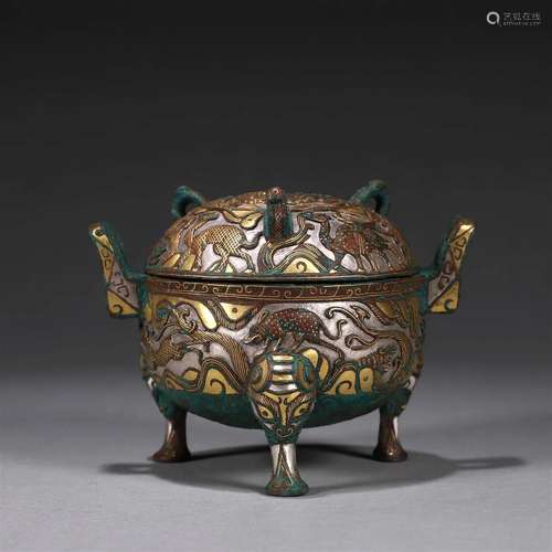 A beast patterned gold and silver-inlaid bronze pot