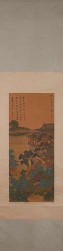 A Chinese landscape silk scroll, Yuan Jiang mark