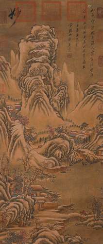 A Chinese landscape silk scroll, Wang Meng mark