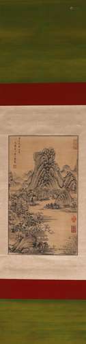 A Chinese landscape silk scroll painting, Huang Gongwang mar...