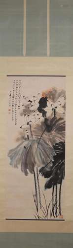 A Chinese lotus painting, Zhang Daqian mark