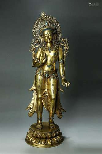 A gilding copper Guanyin bodhisattva statue