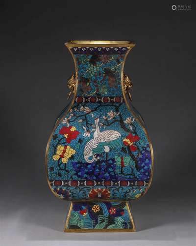 A crane patterned cloisonne vase with beast head shaped ears