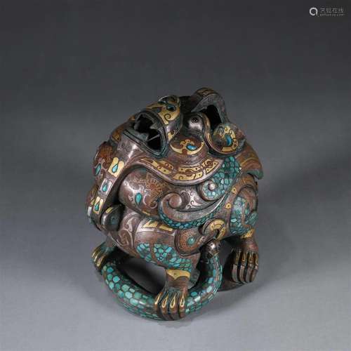 A bronze turquoise-inlaid suanni incense burner