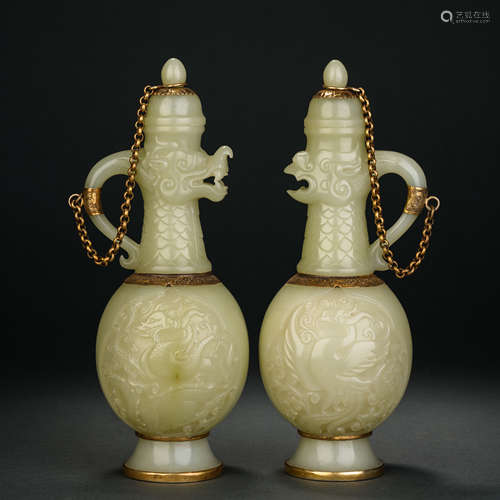 Qing Dynasty Hetian Jade Wrapped Gold Dragon and Phoenix Des...