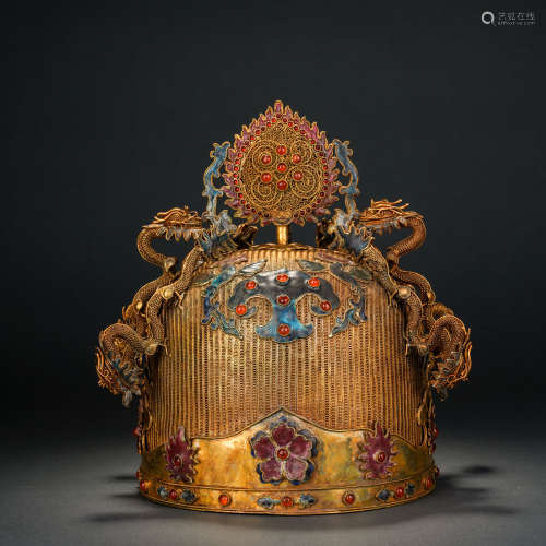 Qing Dynasty Silver Gilt Filigree Official Cap with Gemstone...