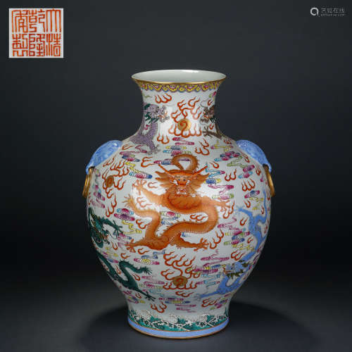 Qing Dynasty Enamel Jar with Dragon Pattern and Beast Ears