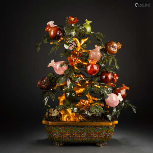Qing Dynasty Cloisonne Jade Pomegranate Golden Bonsai