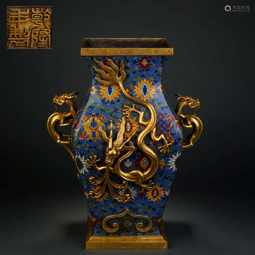 Qing Dynasty Cloisonne Panlong Pattern Dragon Ear Square Zun