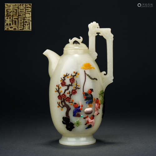 Qing Dynasty Hetian Jade Hundred Treasures Inlaid Flower Fig...