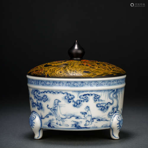 Ming blue and white incense burner with figures and varnish ...