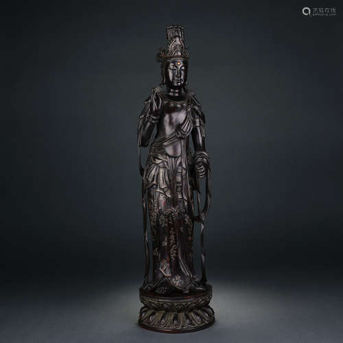 A Standing Bodhisattva Statue of Zitan Inlaid with Silver Si...