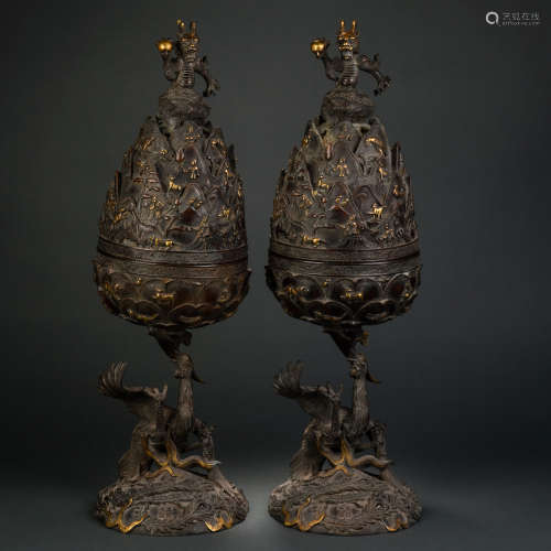 A Pair of Copper Boshan Furnaces with Dragon Pattern in Ming...