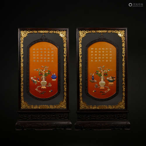 Qing Dynasty A Pair of Zitan Hundred Treasures Inlaid Poems ...