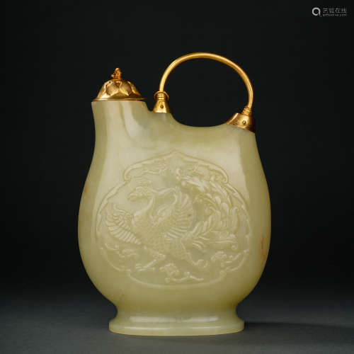 Tang Dynasty Hetian jade encased golden phoenix pattern hold...