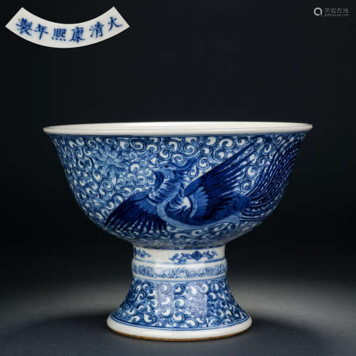 Qing Dynasty blue and white phoenix pattern bowl