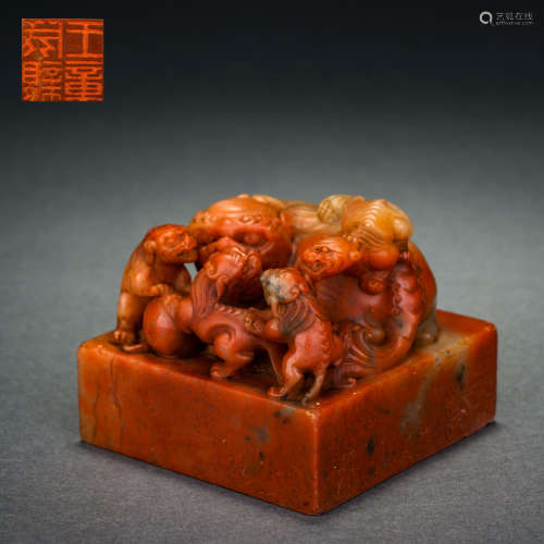 Qing Shoushan stone seal with auspicious animal pattern